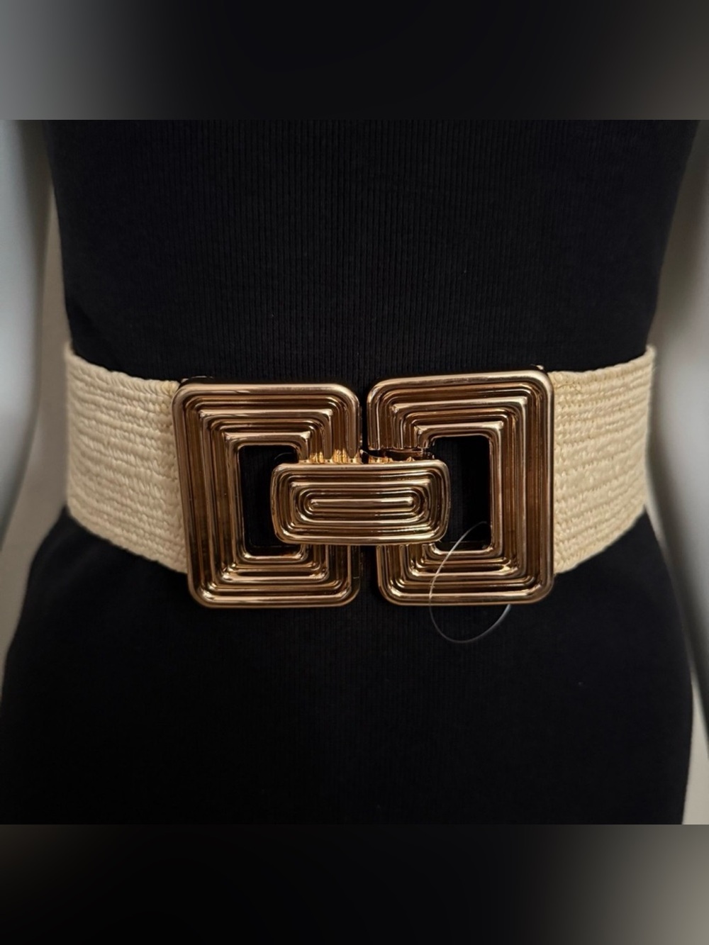 Beige paper stretchy waistband belt with gold tone buckle